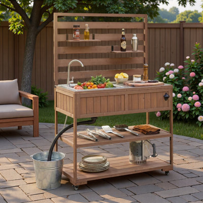 Large Patio Rolling Kitchen Island Cart With With Sink, Stainless Table Top, Open Shelving, 2 Movable Shelves And 1 Bottle Opener