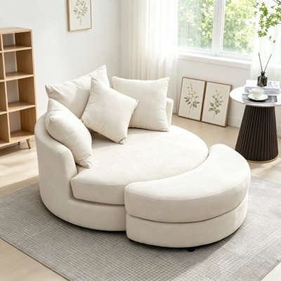 Fauteuil demi-tonneau pivotant 360 ° avec repose-pieds avec rangement et 4 coussins Orisfur, chaise de loisirs en chenille moderne pour le salon, crème