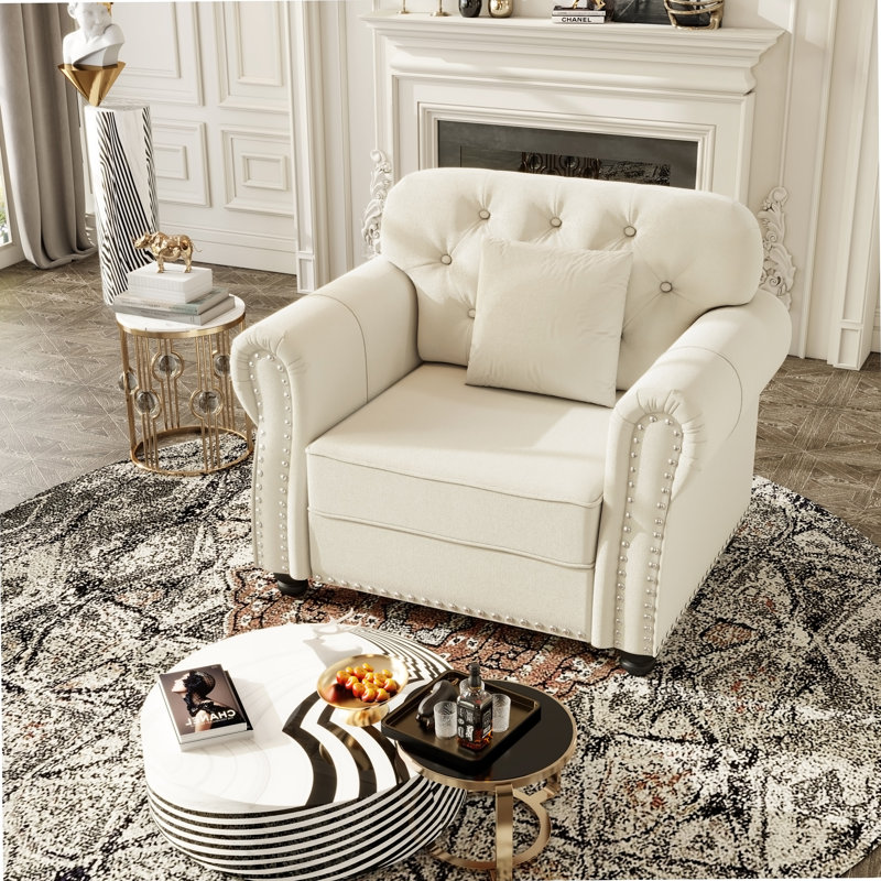 Canapé Chesterfield de 41,3 po en velours avec garniture cloutée et accoudoirs roulés, canapé de style Mid-Century moderne capitonné avec boutons, beige / blanc
