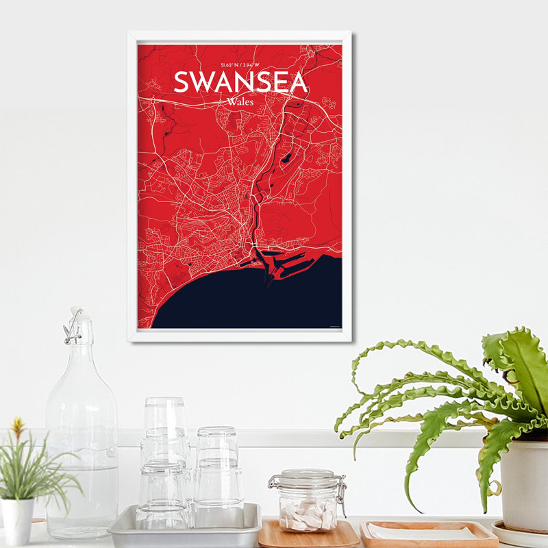 Swansea City Map, impression, Rouge / Bleu marine, H 27,6 po x l 19,7 po