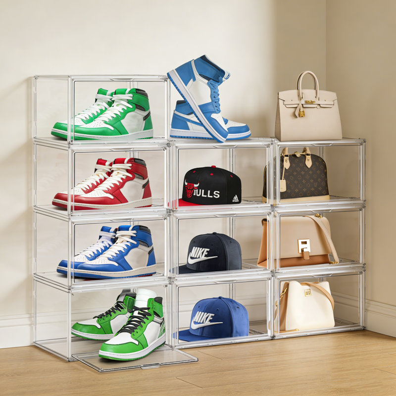Boîte à chaussures transparente en acrylique avec portes magnétiques - Présentoir et étagère de rangement empilable