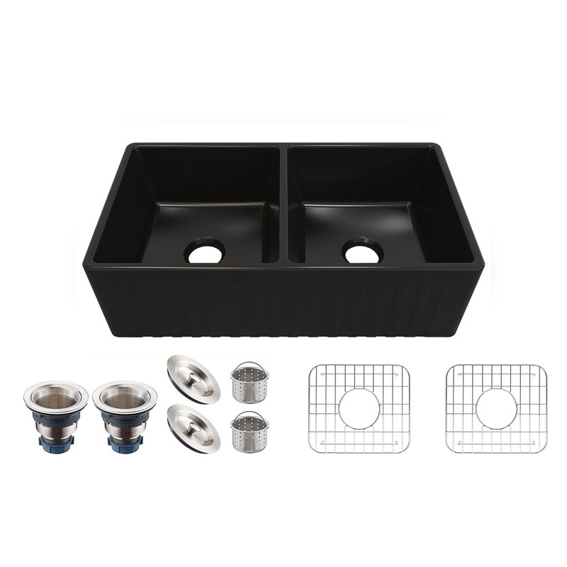 MEJE 457.2mm W Double Bowl Ceramic Farmhouse / Apron Kitchen Sink