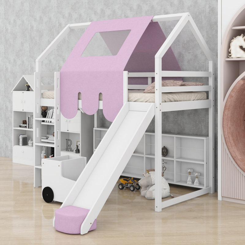 Lit mezzanine, style maison en bois avec tente incluse, Blanc + rose