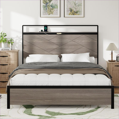 Bedroom Use Queen Size Platform Bed Frame Slate Gray, Mixed Metal And MDF Build With LED Headboard And USB Charging Ports