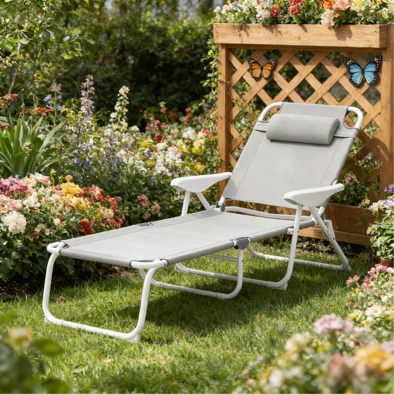 Chaise de bronzage d'extérieur, chaise longue pliante gris clair, Light Grey