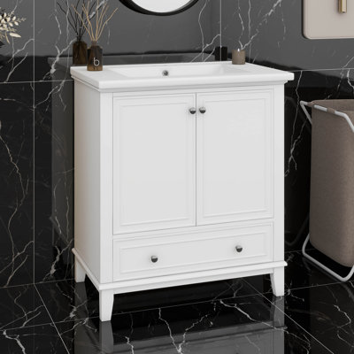 Ensemble de meuble-lavabo 30 po avec lavabo, armoire de salle de bain multifonctionnelle avec portes et tiroir, structure solide et panneau de fibres à densité moyenne
