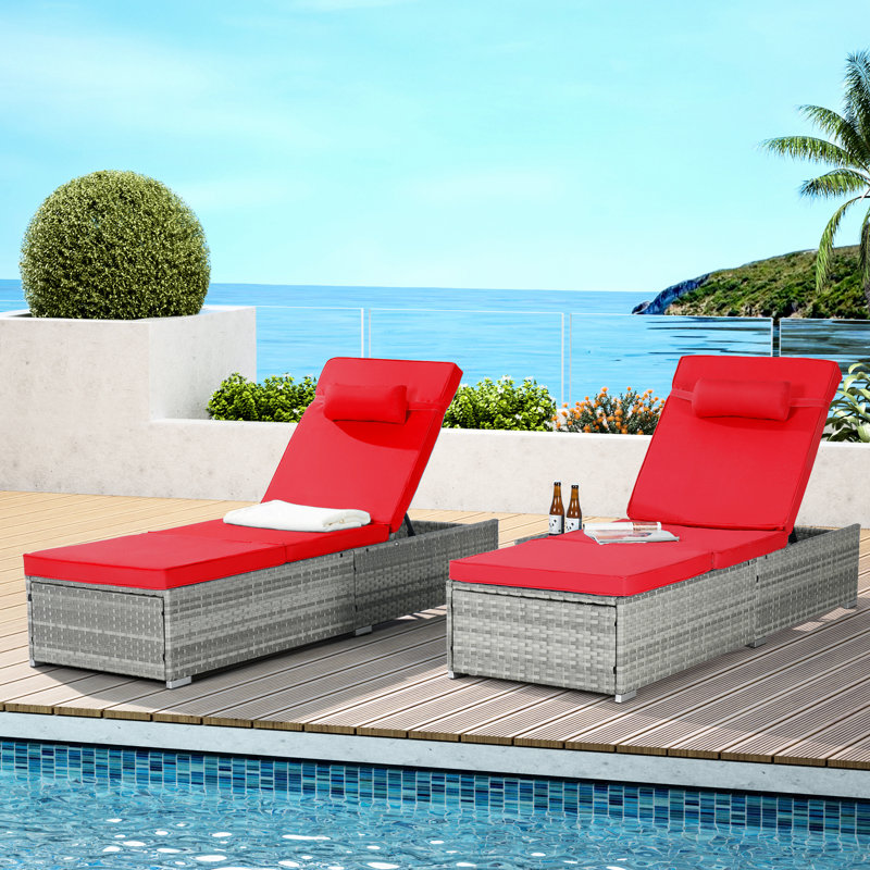 2 méridiennes d'extérieur avec table réglable, coussin pour chaises de jardin et cour, Rouge