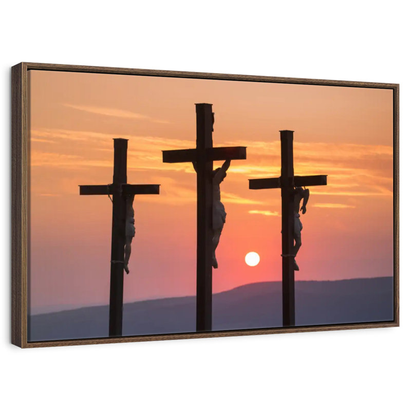 Christ crucifié, 13 po x 9 po, Cadre flottant noyer