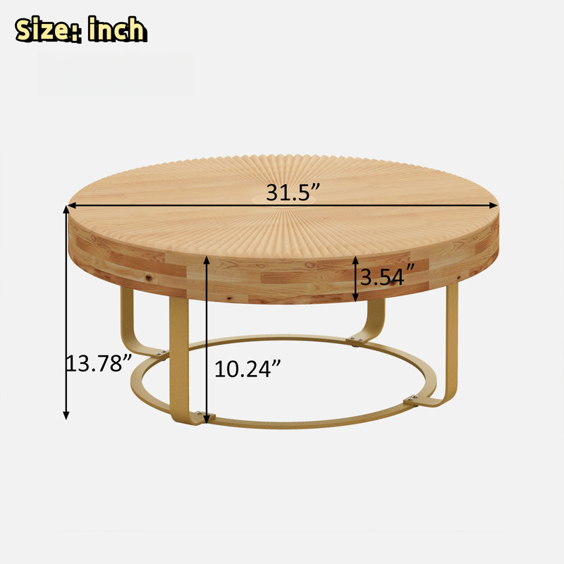 Table basse ronde moderne avec motif sculpté et pieds en métal, Or