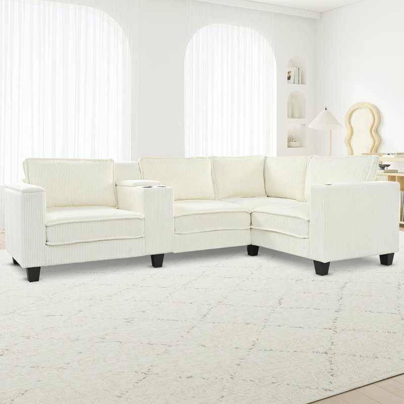 Canapé modulaire en velours côtelé à 4 places avec accoudoirs de rangement Brady, Velours côtelé beige