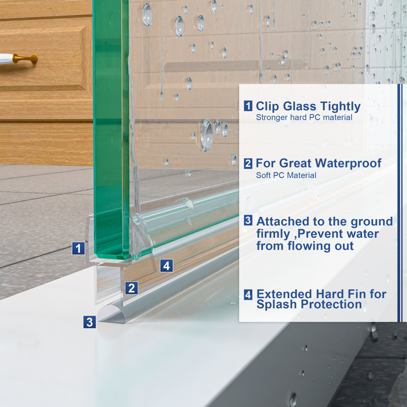 Joint de porte de douche sans cadre, seuil de douche en acrylique 2 pièces PCS + bande de joint de porte de douche 3/8 po x 36 po pour verre de 3/8 po