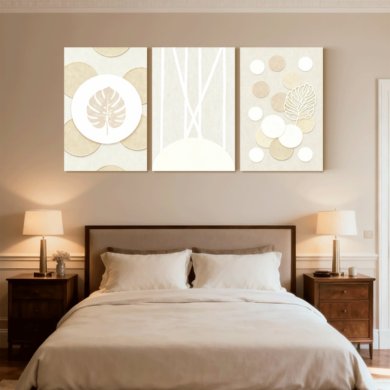 «Contemporary Boho Leaf Circles Lines», ensemble de 3 reproductions d'art sur toile, H 24 po x l 48 po