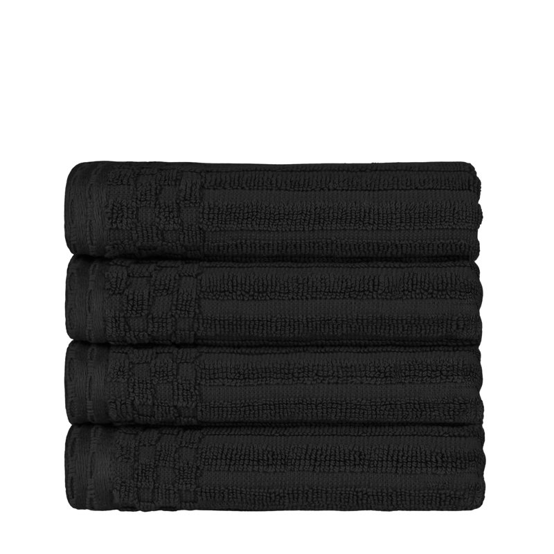 Kleiman Cotton Highly Absorbent Solid and Checkered Border Hand Towel Set, Black