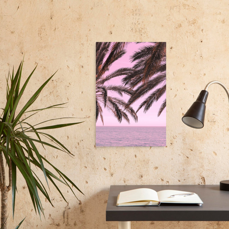 «Pink Sky Tropical Palms Abstract Dreamy Serene Palmier Rose Beach Landscape», reproduction d'art mural, 24" H x 16" W