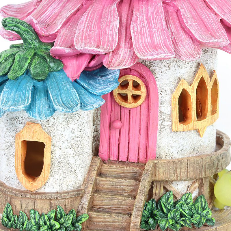 Solar Pink and Blue Daisy Petal Roof Fairy House Garden Statue