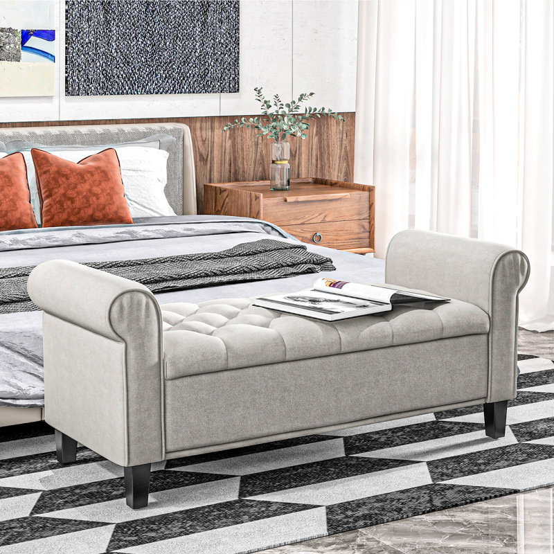 50" Gray Bench With Storage. Velvet Upholstery, Rolled Arms. Wood Legs. Hidden Compartment. Comfortable For Bedroom And Living Room. Assembly Required. 264 Lbs Max Storage Arms, Bedroom, Room,