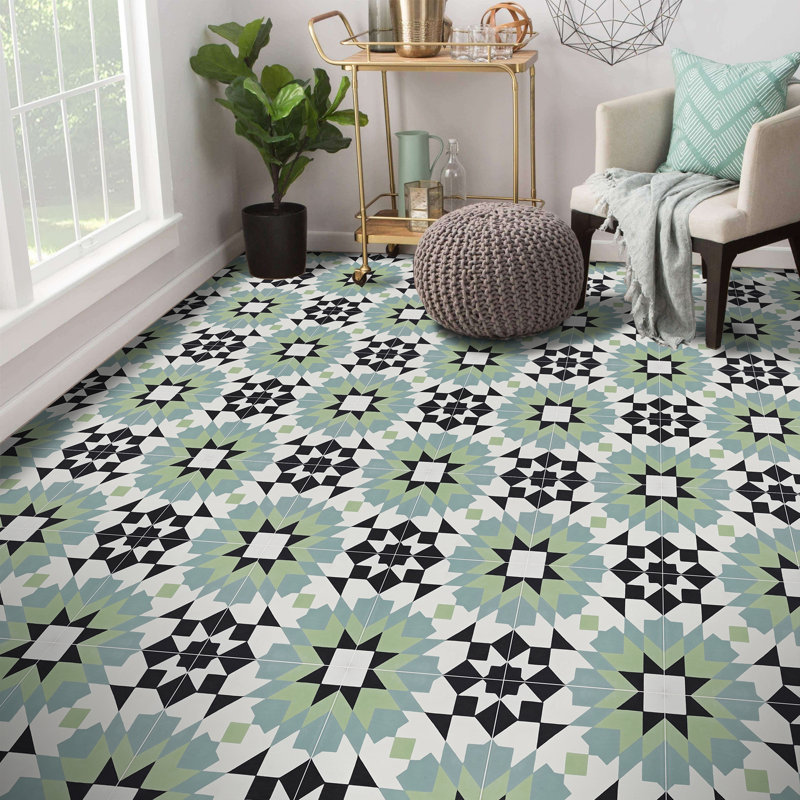 Reno 8" x 8" Cement Patterned Wall & Floor Tile, Green/Blue/Black