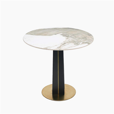Modern Round Negotiation Table - 85cm White Sintered Stone Top, Black Wooden Legs with Golden Metal Base(Only the Negotiation Table)