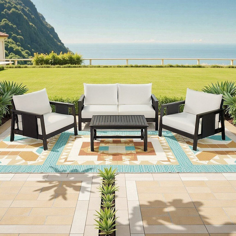 Ensemble de canapé d'extérieur en bois d'acacia de luxe avec coussins toutes saisons et table basse - parfait pour la conversation sur le patio