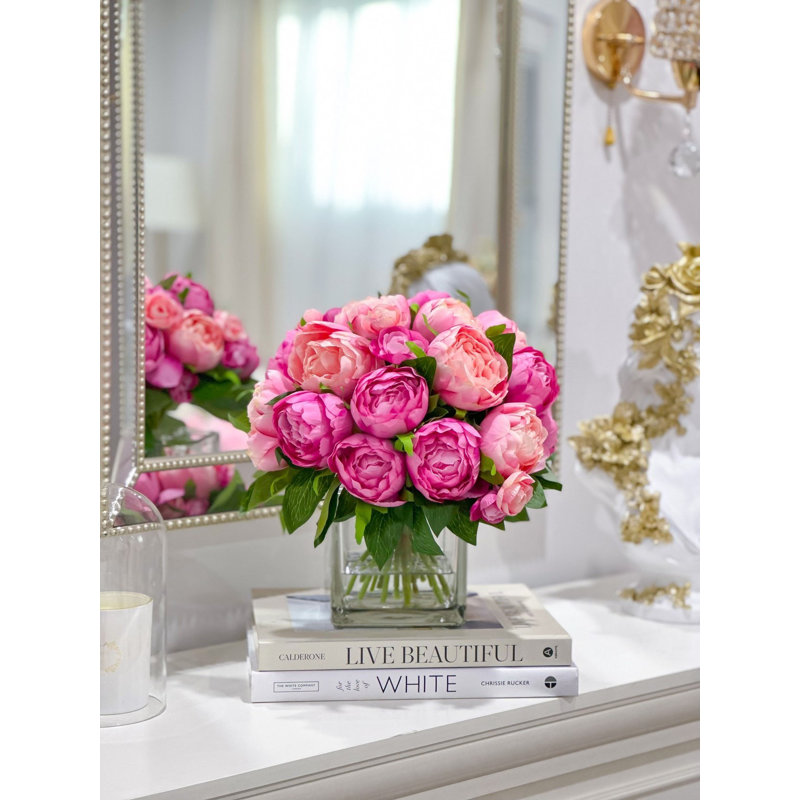 Fuchsia Pink Modern Fuchsia Peonies In Glass Vase – Luxury Faux Flowers For Home Decor, Light Pink