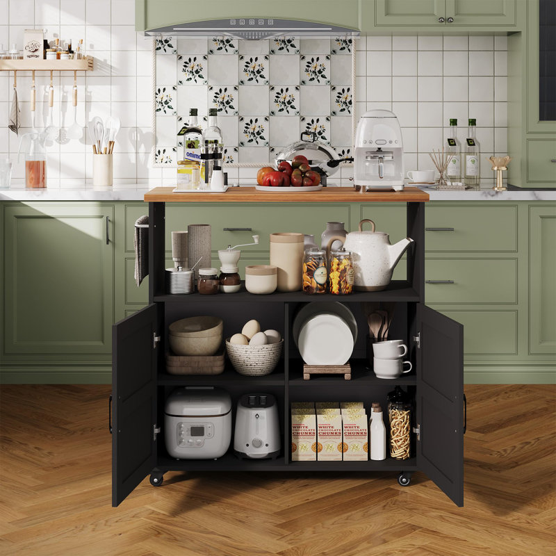 Îlot de cuisine roulant avec rangement intégré, chariot en bois à roulettes verrouillables et porte-serviettes, 90 cm, noir