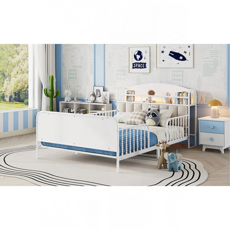 Structure de lit plateforme pleine grandeur en métal avec lumière, lit double en métal pour enfants avec tête de lit tapissier et rangement, blanc