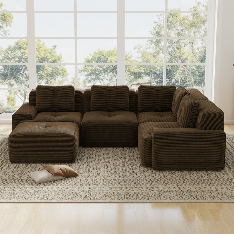 Canapé d'angle modulaire en velours côtelé avec ensemble de 4 places et repose-pieds rembourré Boneless, Brun
