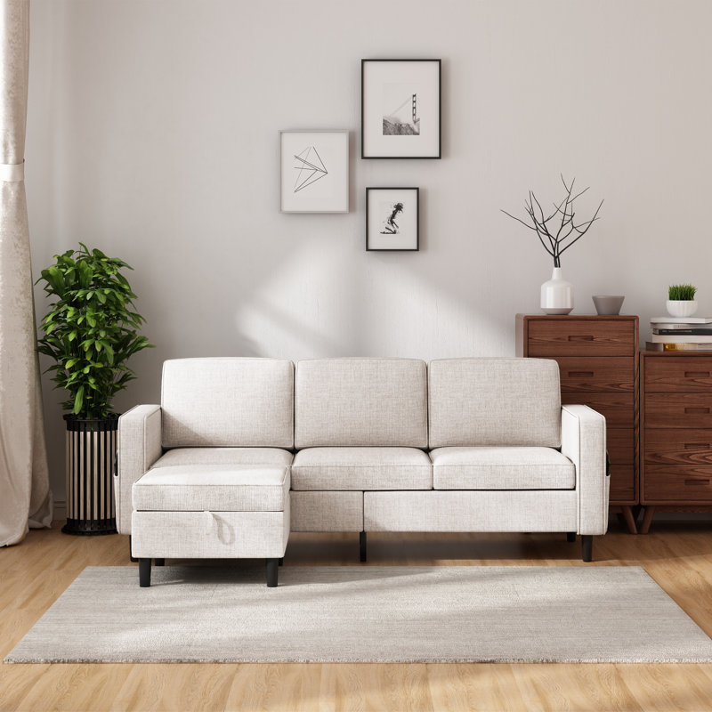 Canapé rembourré de 78 po avec repose-pieds, canapé en L pour salon, poche latérale pour canapé 3 places, Beige