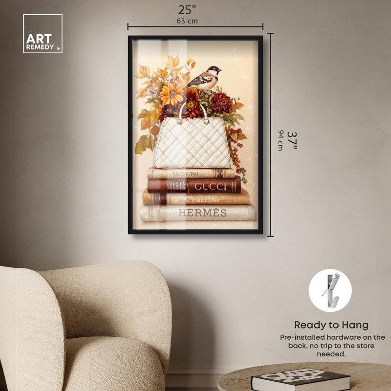 «Little Bird with Fall Flowers Glam Shadowbox Print» par Art Remedy, H 37 po x l 25 po, Noir