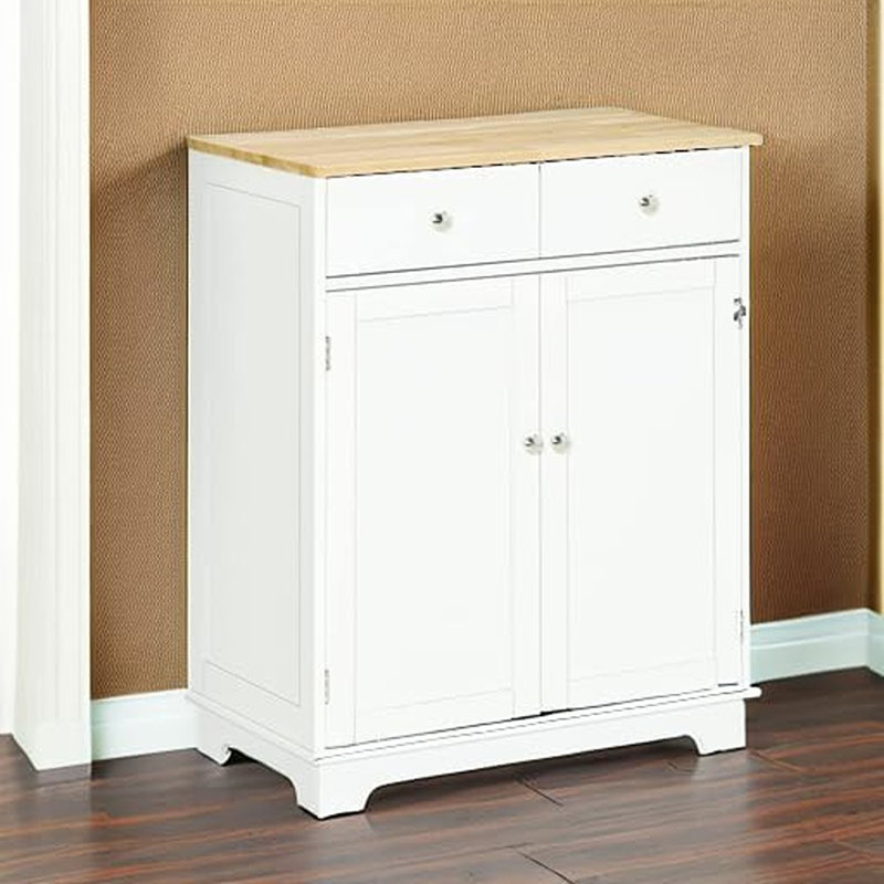 Buffet Buffet, blanc - Rangement de cuisine moderne avec comptoir en bois massif, bar à café, 2 tiroirs, portes et tablette réglable