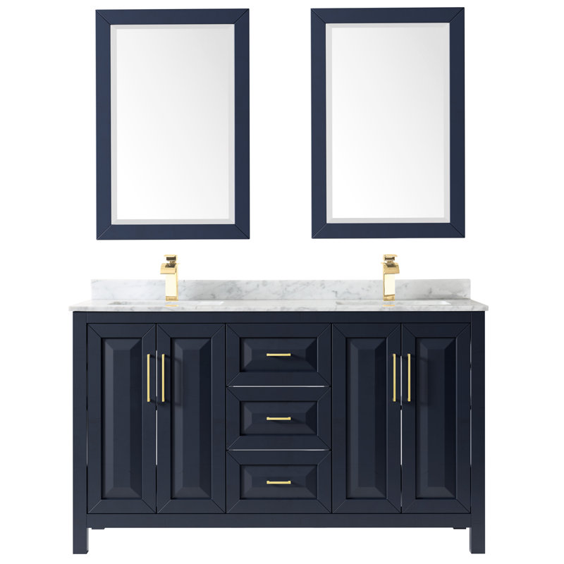 Daria 60'' W Double Vanity, Carrara Cultured Marble, Dark Blue, Brushed Gold