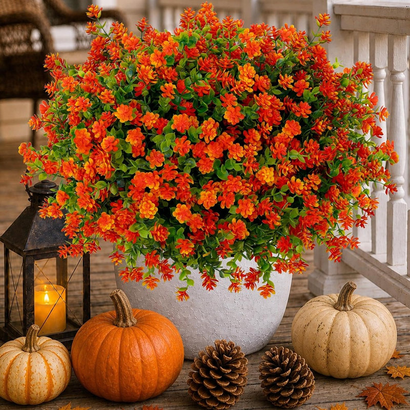 Paquet de 12 fleurs artificielles pour maman - Plantes d'extérieur en soie résistantes aux rayons UV (rouge-orange)