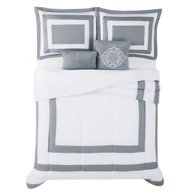 London Fog Raynes Hotel 5 Piece Comforter Set, Queen Comforter + 2 Shams + 2Throw Pillows, Gray