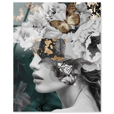 Papillons dorés cachés en verre émeraude sans cadre en acrylique par Art Remedy, prêt à accrocher, 20 x 24