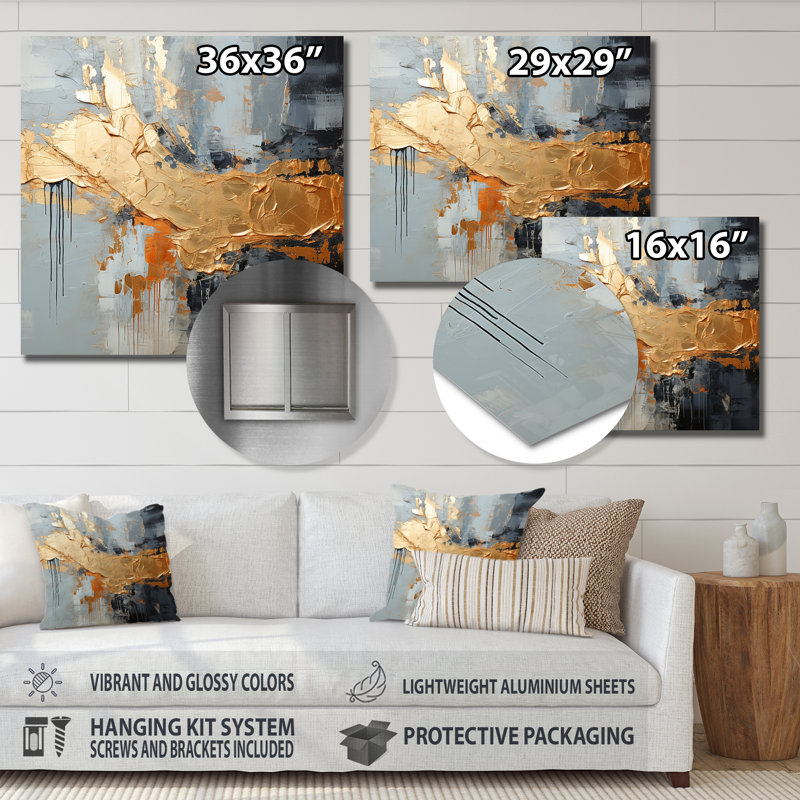Or et gris, formes liquides modernes IV - décoration murale abstraite en métal, H 36 po x l 36 po