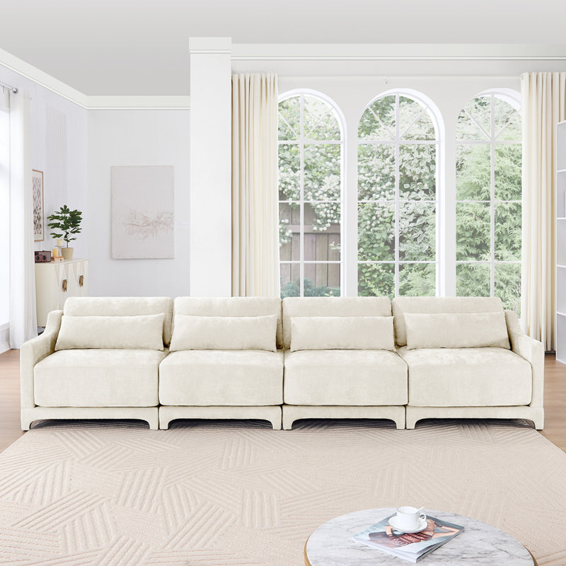 Canapé en chenille moderne, 4, H 32,6 po x l 141,7 po x P 33 po, Blanc