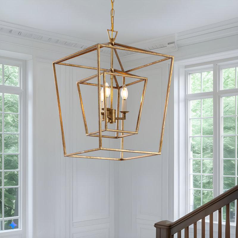 Luminaire suspendu à 4 lumières avec une lanterne ouverte avec un cadre décoratif en cage