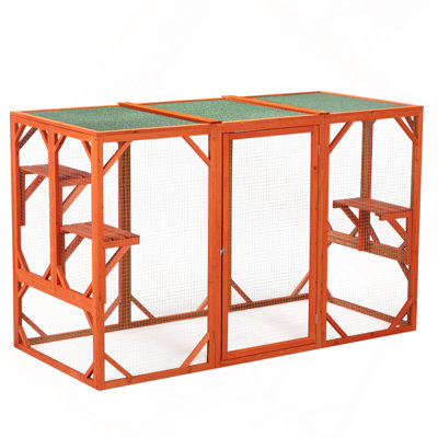 Wooden Cat House, Outdoor Cat Cage With Water-Proof Asphalt Planks And Cat Perches, Orange