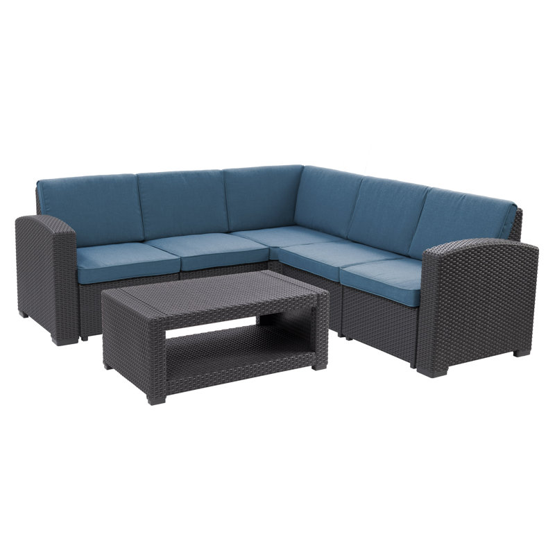 Ensemble de conversation modulaire en rotin avec coussins 6 pièces Jeramya Red Barrel Studio®, Noir, Bleu