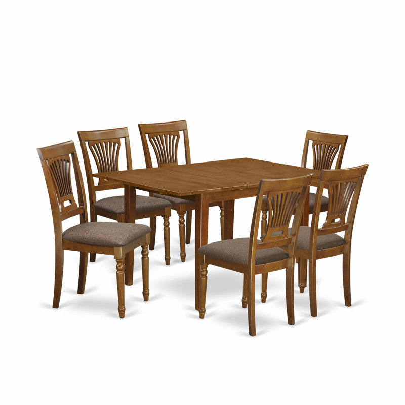7 Piece Dining Room Furniture Set Consist of a Rectangle Kitchen Table with Butterfly Leaf and 6 Linen Fabric Chairs, Saddle Brown