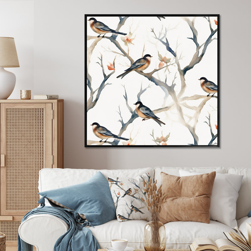 «Little Birds On The Tree Branches III», reproduction d'art sur toile, H 30 po x l 30 po x P 1 po, Cadre flottant noir