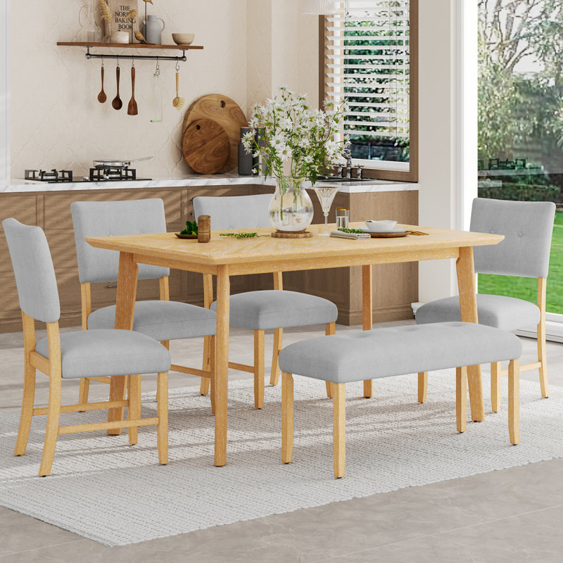 Ensemble de table de salle à manger 6 pièces, table de salle à manger rustique de style campagnard avec 4 chaises rembourrées et banc, ensemble de table de salle à manger en bois massif pour 6 personnes (assemblage facile, bois naturel délavé)