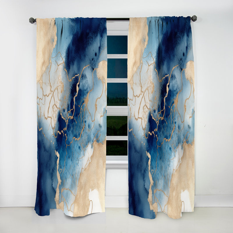 Blue And Gold Marble Clouds VIII - Fractals Room Darkening Abstract Curtain - 1 Panel, 52" W x 95" L