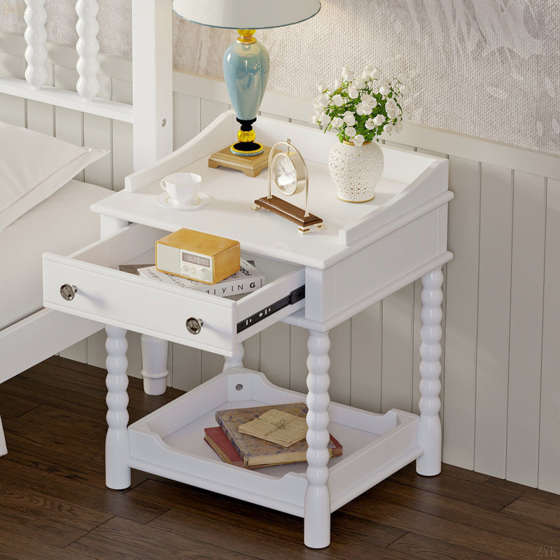 Retro Style Nightstand With Drawer And Open Shelf For Bedroom, Bedside Table With Turned Legs And Metal Handle, White