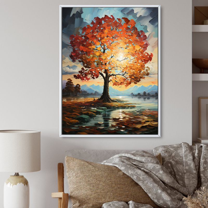 Orange Teal Maple Tree Majestic Maple - Tree Maple Framed Wall Art, 32" H x 24" W x 1" D, White Floater Framed