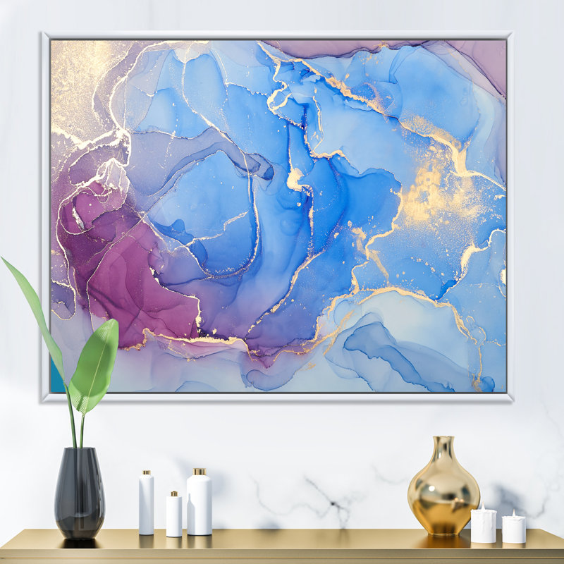 Bleu et rose marbré, art fluide sur toile moderne, H 20 po x l 12 po x P 1 po, Cadre flottant blanc