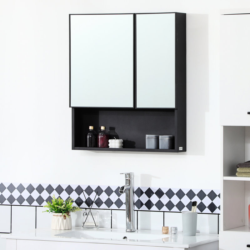Armoire de salle de bain à miroir avec portes doubles et tablettes de rangement noires, pour une organisation efficace Tablettes polyvalentes noires, Essential moderne