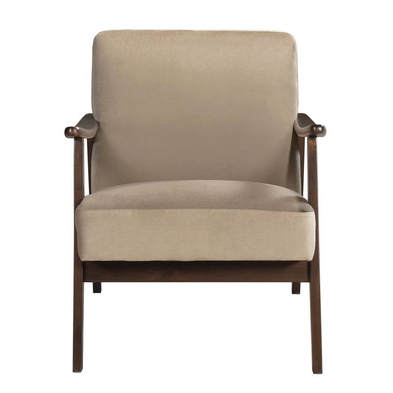 Chaise en velours brun de style Mid-Century moderne, structure en bois au fini noyer foncé, coussins en mousse pour une assise pratique, soutien