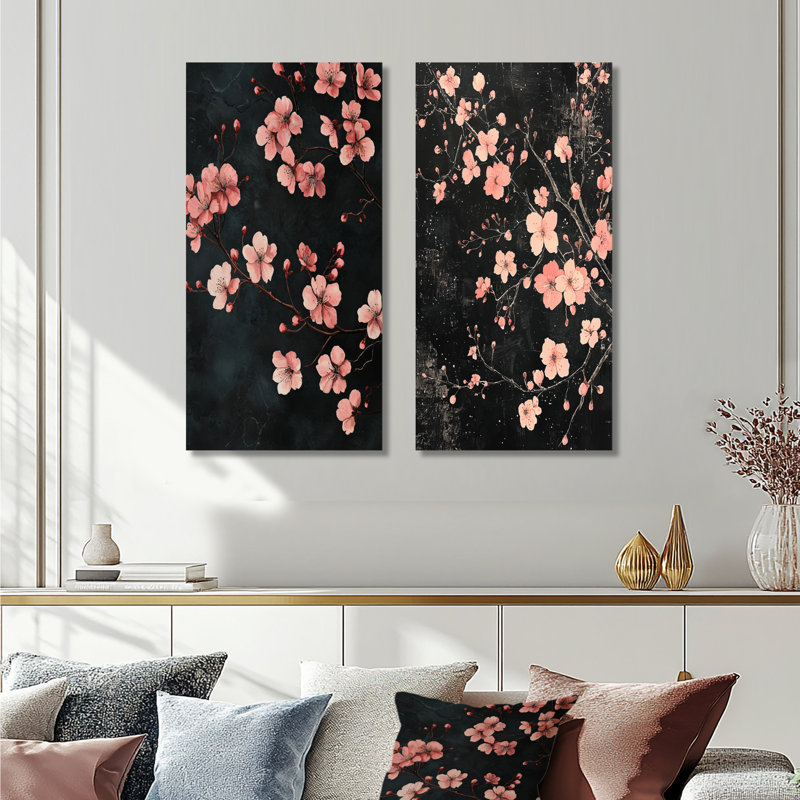 «Cherry Blossom Midnight Blooms I», ensemble d'art mural en métal botanique, 32" H x 32" W