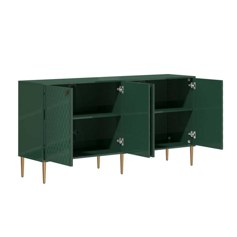 Kuo 64" Wide Sideboard With 4 Door High Gloss Cabinets, Green/Gold